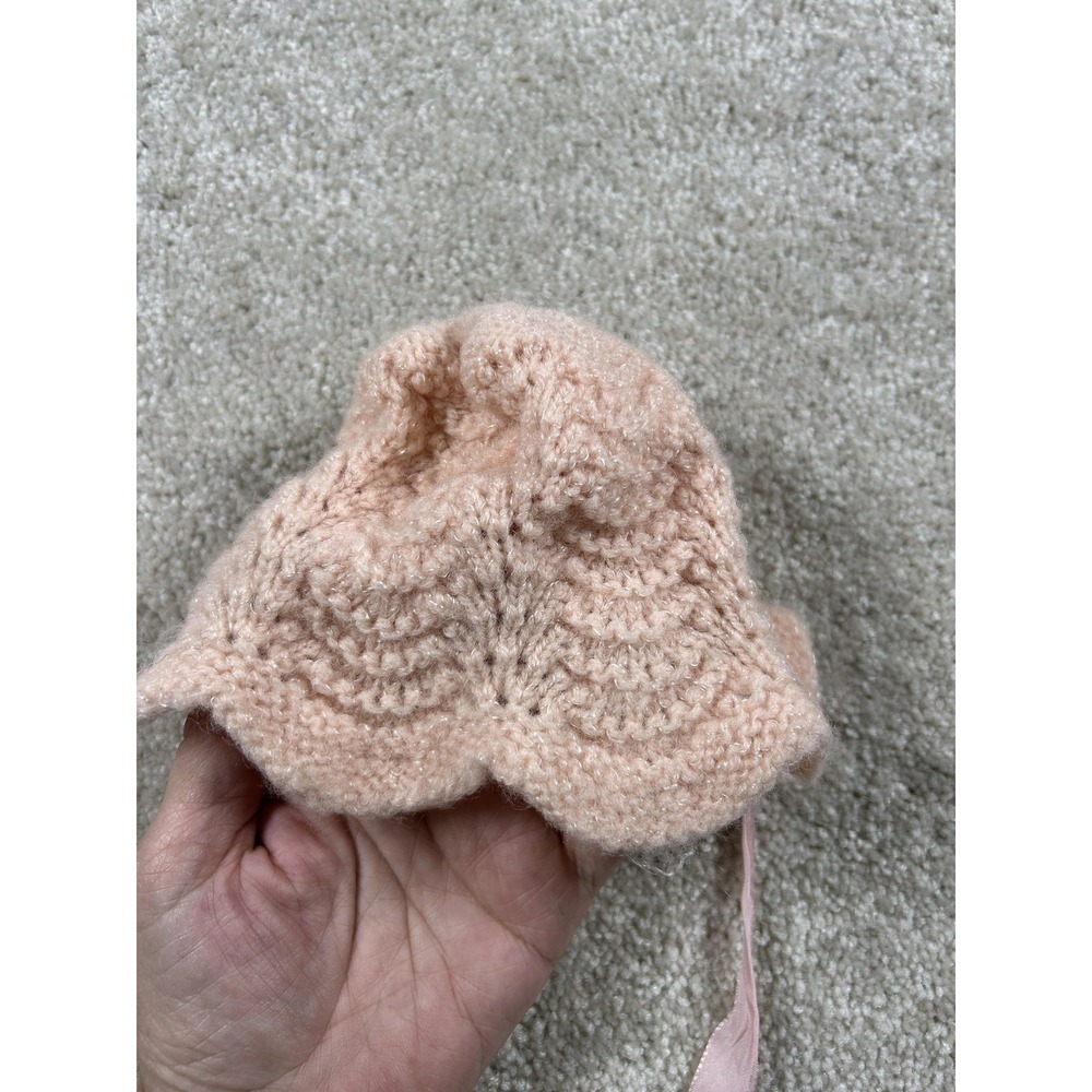 Vintage Hand Knit Baby Bonnet Pink Soft Acrylic Satin Ribbon 90s Girl Infant Hat